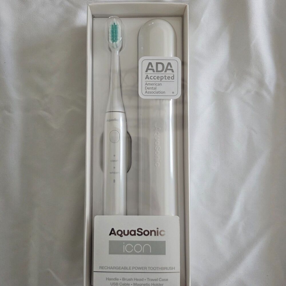 AquaSonic Icon Rechargeable Power Toothbrush, White, ADA Accepted, New In Box